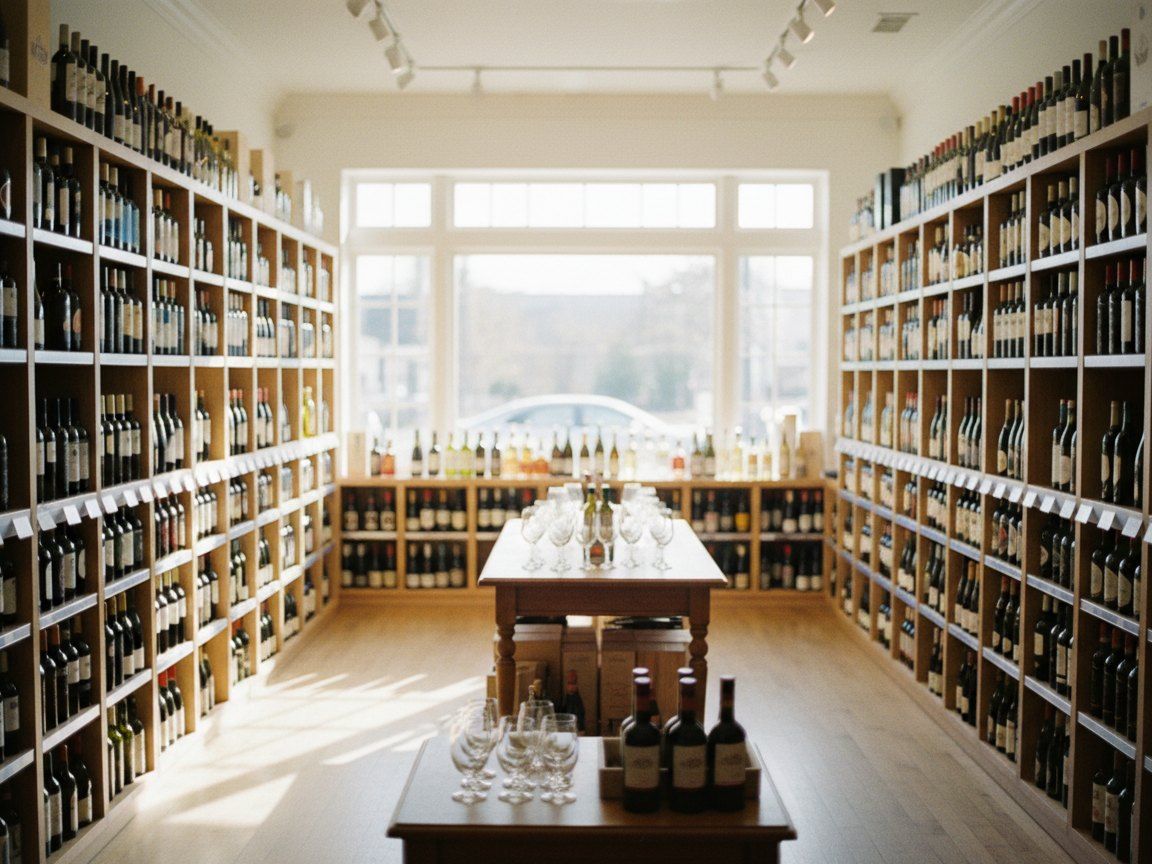 The bright interior of an Edmonton liquor store with a tasting table set up between well-stocked shelves