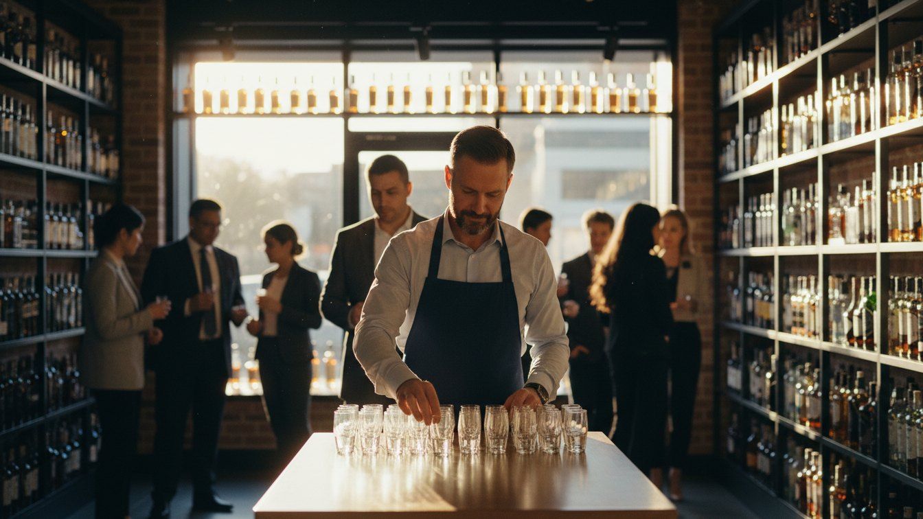 A confident tasting ambassador in professional attire welcoming customers at a tasting table in a premium liquor store