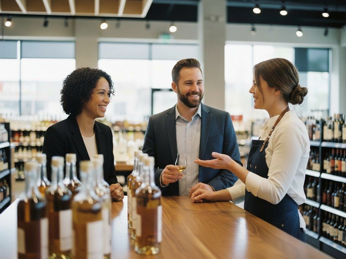 A tasting ambassador arranging bottles and tasting cups on a professional table in a liquor store aisle