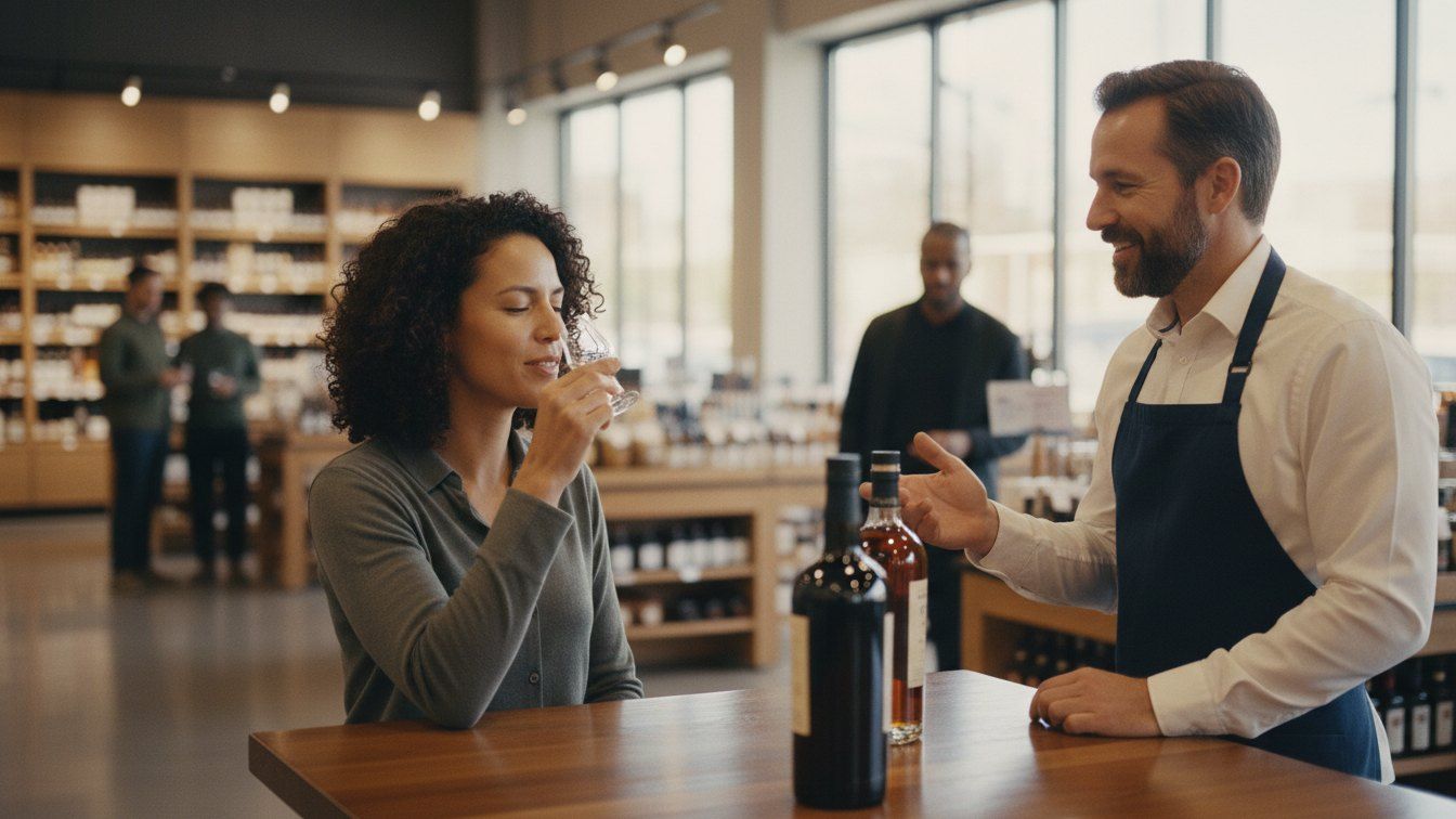 A tasting ambassador presenting a featured product to customers at a branded tasting table in a premium liquor store