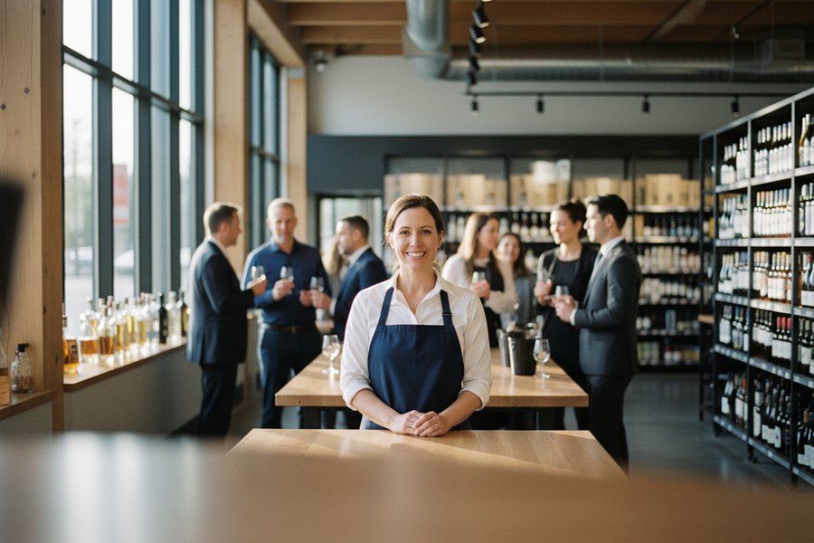 A confident professional tasting ambassador in a navy apron at a tasting table