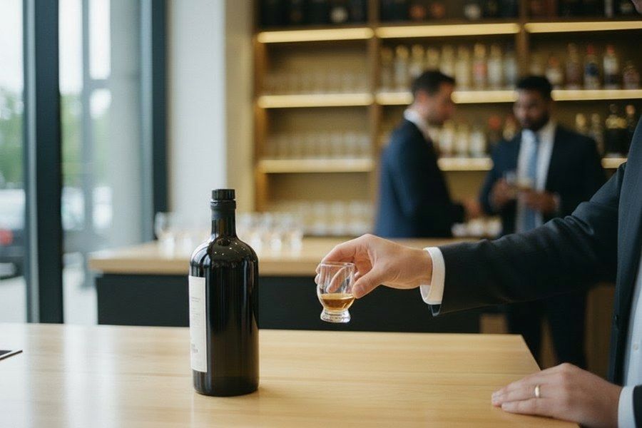 A customer lifting a tasting cup from a tasting table in a premium liquor store