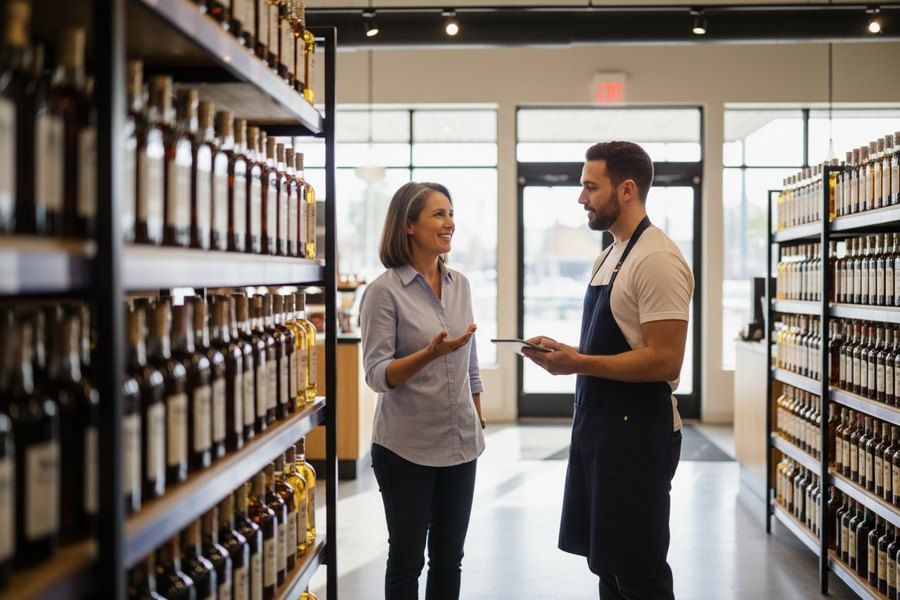 A store manager and a tasting ambassador talking in a well-lit private liquor store