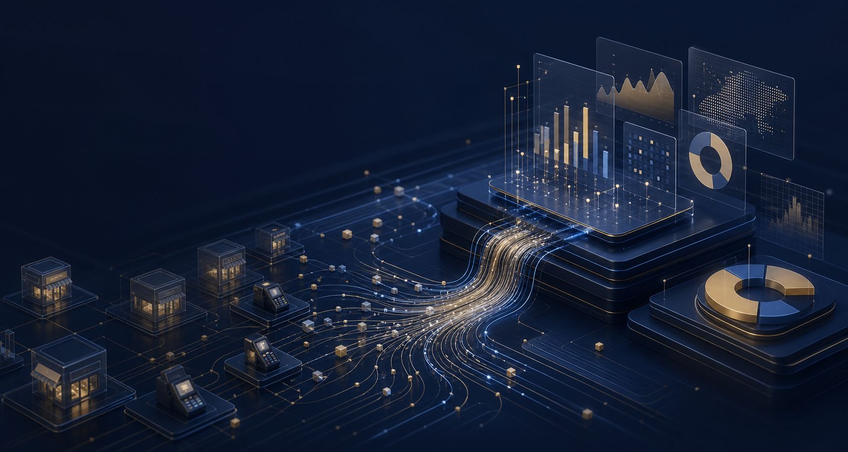 Abstract retail data flowing from stores and point-of-sale systems into business intelligence dashboards