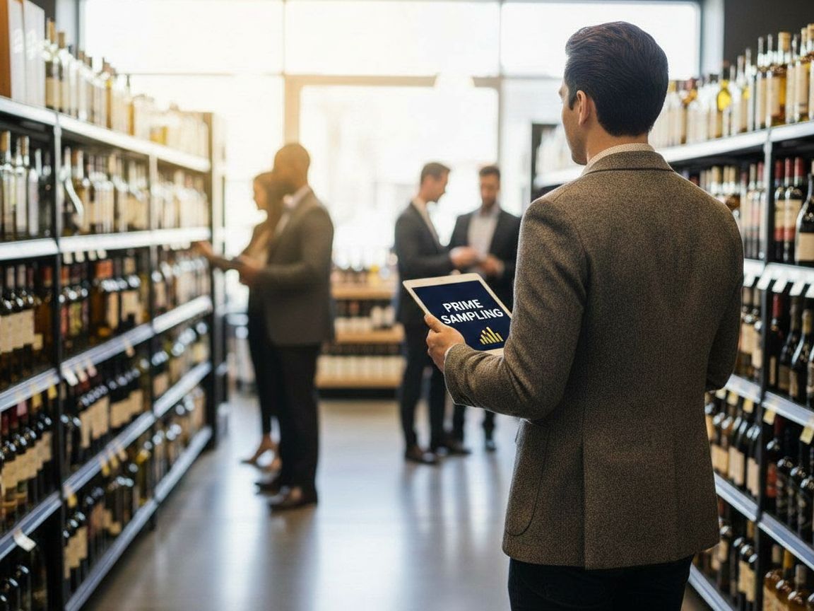 An operator reviewing a dashboard on a tablet while walking a liquor store aisle