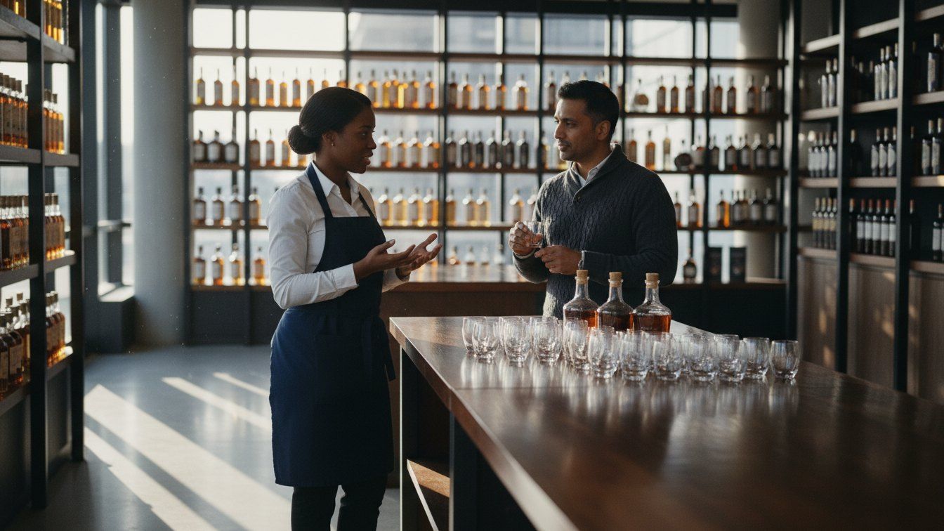 A professional tasting ambassador welcoming a customer at an elegant tasting table in a bright liquor store