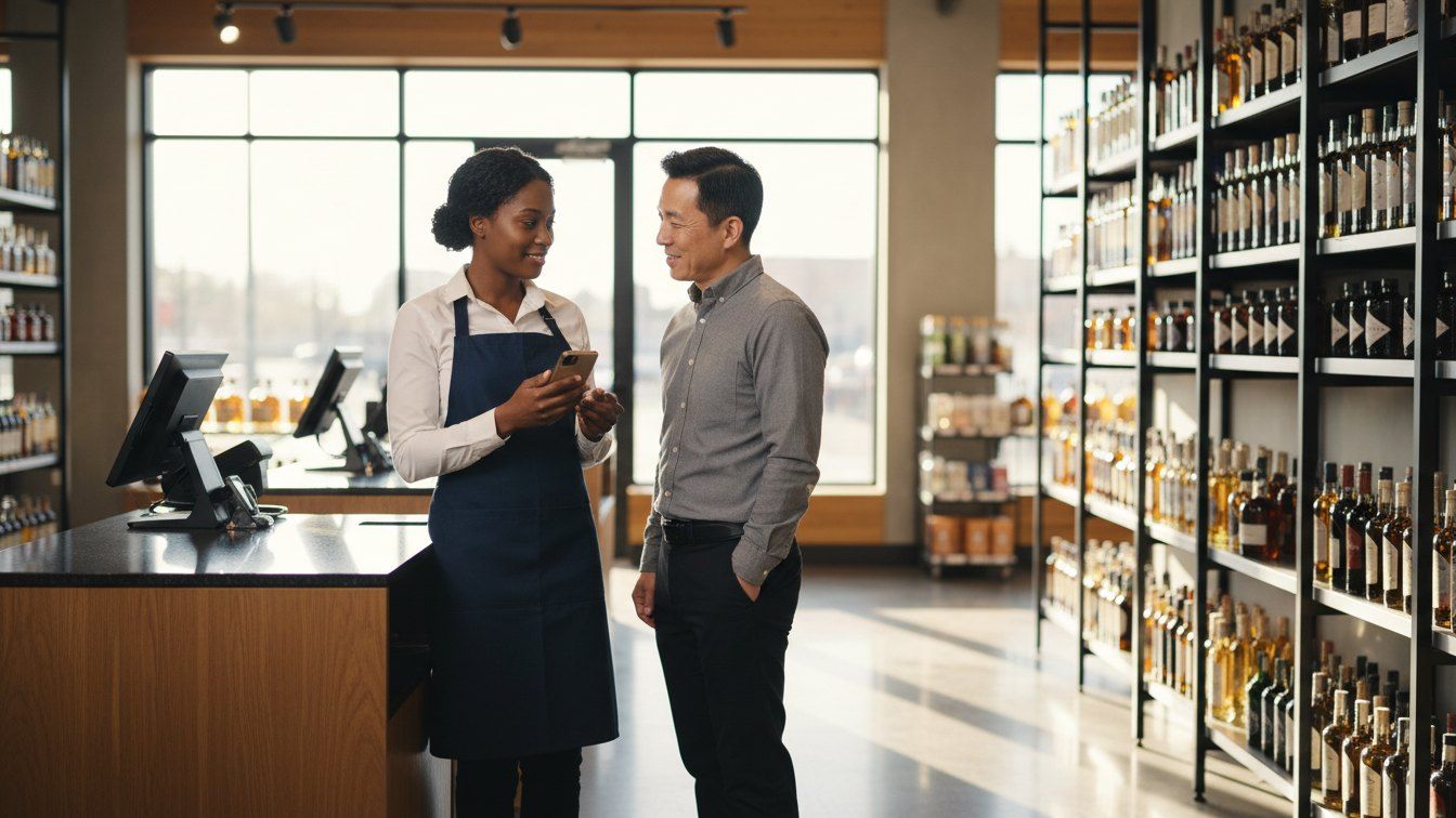 A professional tasting ambassador serving customers at an elegant tasting table inside a bright private liquor store