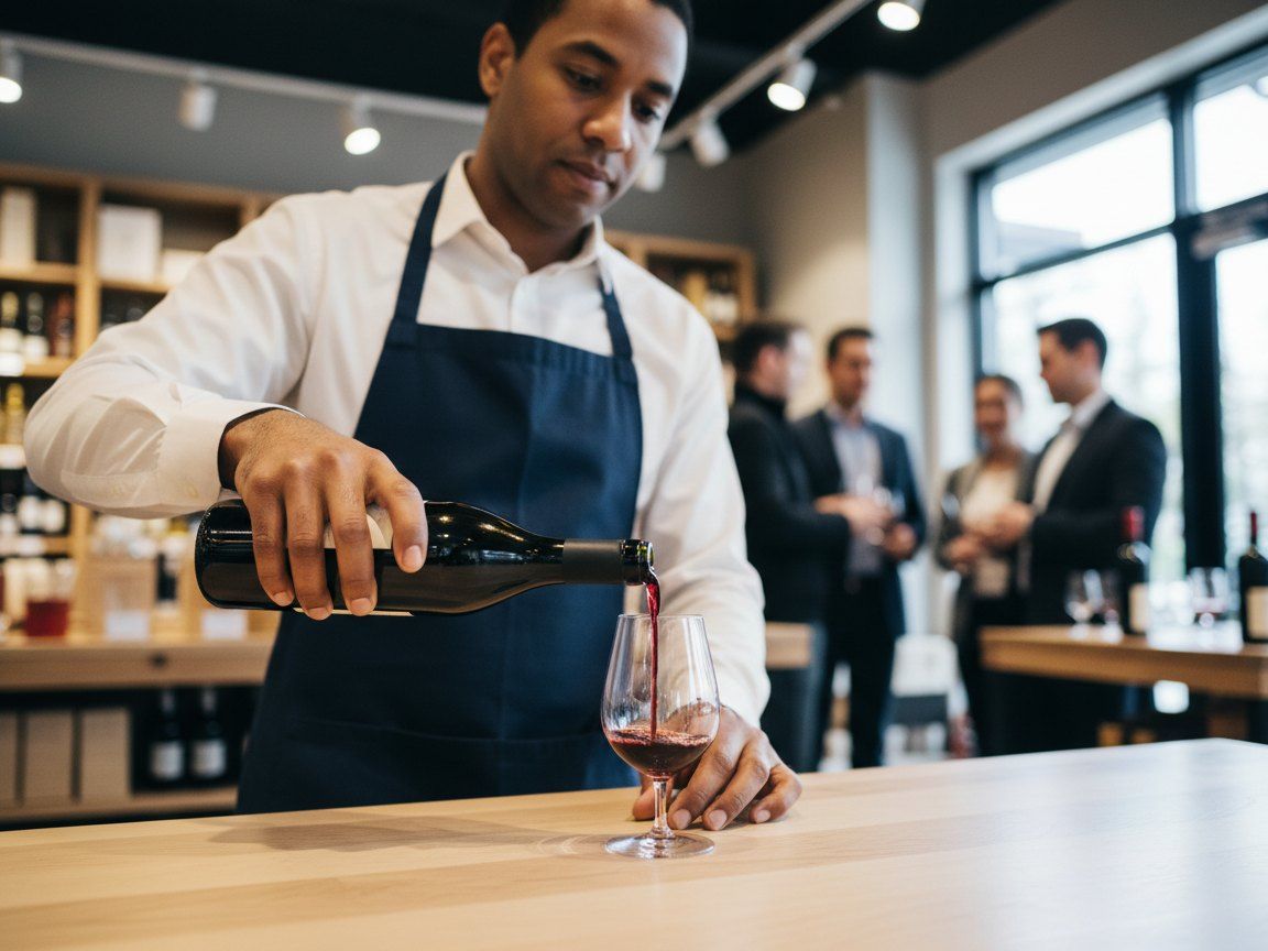 A certified tasting ambassador checking a customer's ID before pouring a measured tasting in a liquor store